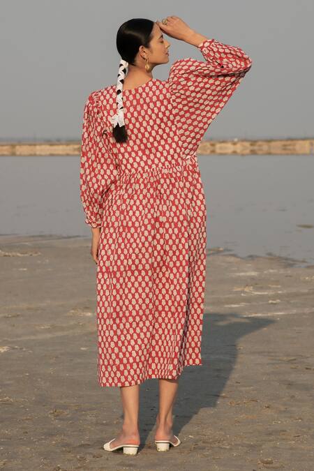Shop_Marche_Red Cotton Printed Floral Keyhole Dress_at_Aza_Fashions