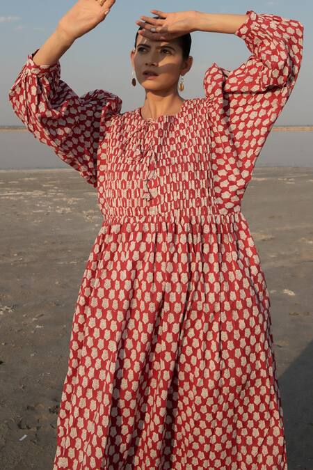 Shop_Marche_Red Cotton Printed Floral Keyhole Dress_Online_at_Aza_Fashions