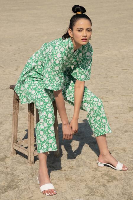 Shop_Marche_Green Cotton Printed Floral V Neck Kimono And Pant Set_Online_at_Aza_Fashions