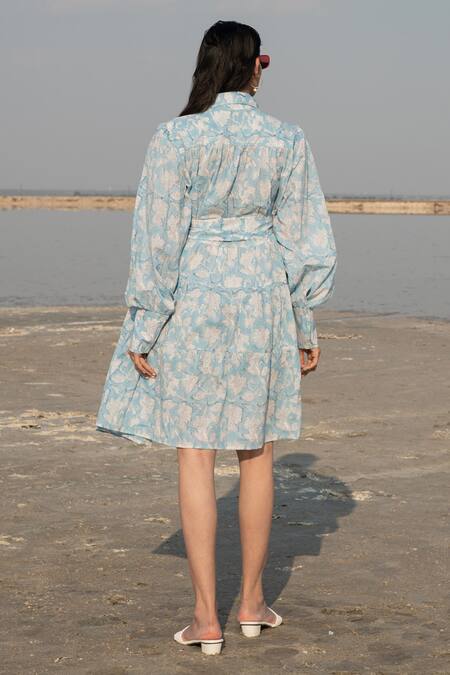 Shop_Marche_Blue Cotton Printed Floral Shirt Collar Dress_at_Aza_Fashions