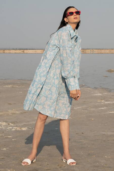 Marche_Blue Cotton Printed Floral Shirt Collar Dress_Online_at_Aza_Fashions