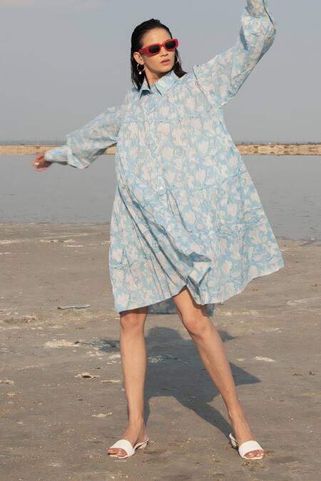 Buy_Marche_Blue Cotton Printed Floral Shirt Collar Dress_Online_at_Aza_Fashions