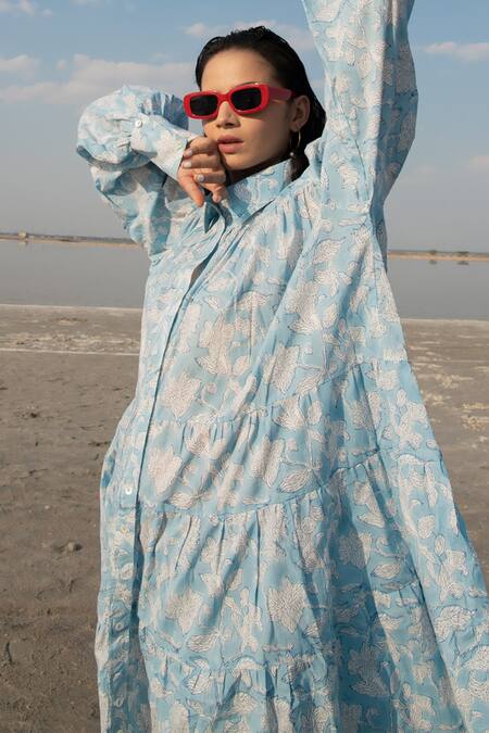 Shop_Marche_Blue Cotton Printed Floral Shirt Collar Dress_Online_at_Aza_Fashions