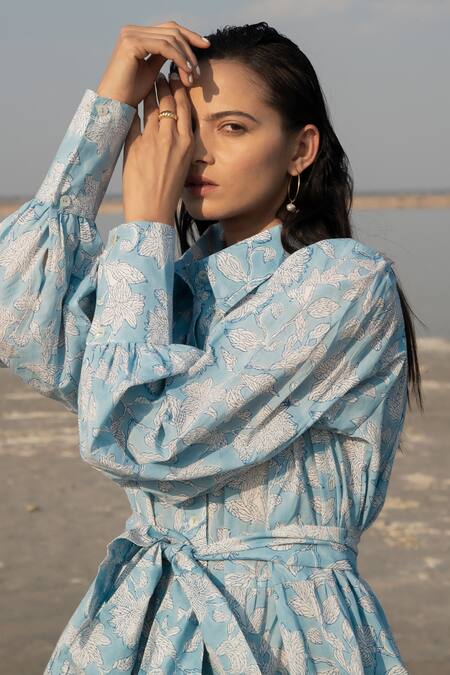 Marche_Blue Cotton Printed Floral Shirt Collar Dress_at_Aza_Fashions