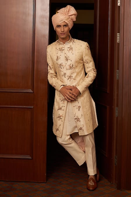 Shop Contrast By Parth Beige Jacquard, Pure Silk Resham, Dabka Floral Embroidered Sherwani Set at Aza Fashions Shop_Contrast By Parth_Beige Jacquard, Pure Silk Resham, Dabka Floral Embroidered Sherwani Set _at_Aza_Fashions