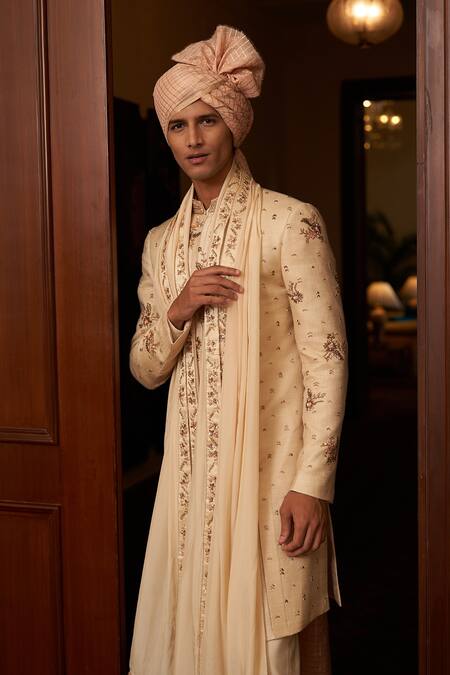 Buy Contrast By Parth Beige Jacquard, Pure Silk Resham, Dabka Floral Embroidered Sherwani Set Online at Aza Fashions Buy_Contrast By Parth_Beige Jacquard, Pure Silk Resham, Dabka Floral Embroidered Sherwani Set _Online_at_Aza_Fashions