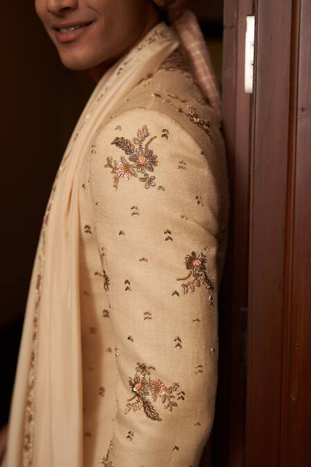 Shop Contrast By Parth Beige Jacquard, Pure Silk Resham, Dabka Floral Embroidered Sherwani Set Online at Aza Fashions Shop_Contrast By Parth_Beige Jacquard, Pure Silk Resham, Dabka Floral Embroidered Sherwani Set _Online_at_Aza_Fashions