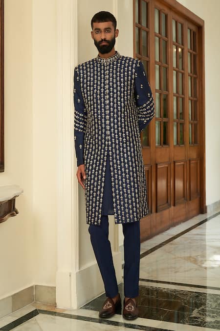 Shop Contrast By Parth Blue Pure Silk Floral Embroidered Sherwani Set at Aza Fashions Shop_Contrast By Parth_Blue Pure Silk Floral Embroidered Sherwani Set _at_Aza_Fashions