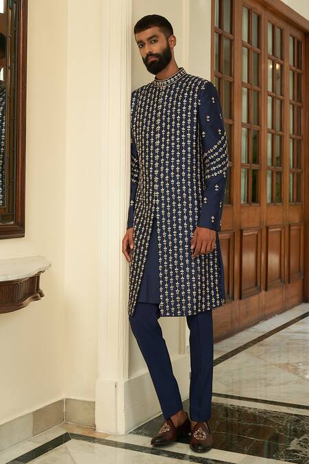 Contrast By Parth Blue Pure Silk Floral Embroidered Sherwani Set Online at Aza Fashions Contrast By Parth_Blue Pure Silk Floral Embroidered Sherwani Set _Online_at_Aza_Fashions