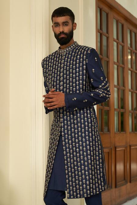Buy Contrast By Parth Blue Pure Silk Floral Embroidered Sherwani Set Online at Aza Fashions Buy_Contrast By Parth_Blue Pure Silk Floral Embroidered Sherwani Set _Online_at_Aza_Fashions