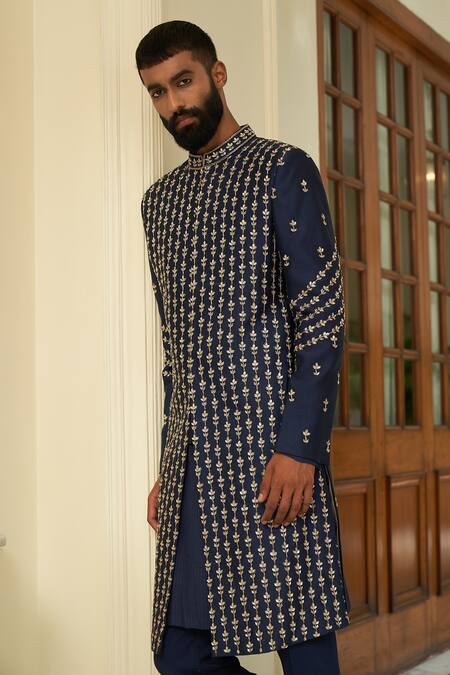 Shop Contrast By Parth Blue Pure Silk Floral Embroidered Sherwani Set Online at Aza Fashions Shop_Contrast By Parth_Blue Pure Silk Floral Embroidered Sherwani Set _Online_at_Aza_Fashions