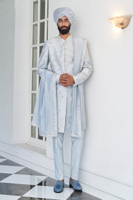 Shop_Contrast By Parth_Blue Raw Silk Glass Beads, Resham, Dabka Floral Embroidered Sherwani Set _at_Aza_Fashions
