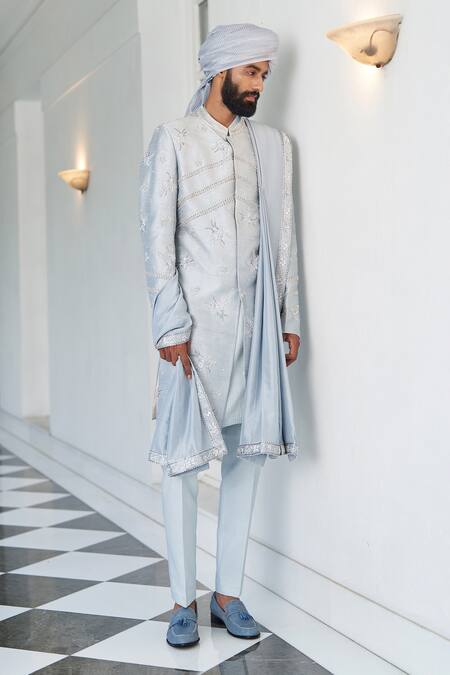 Contrast By Parth_Blue Raw Silk Glass Beads, Resham, Dabka Floral Embroidered Sherwani Set _Online_at_Aza_Fashions