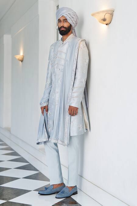 Buy_Contrast By Parth_Blue Raw Silk Glass Beads, Resham, Dabka Floral Embroidered Sherwani Set _Online_at_Aza_Fashions