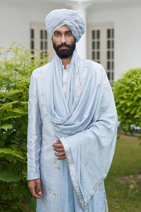 Shop Contrast By Parth Blue Raw Silk Glass Beads, Resham, Dabka Floral Embroidered Sherwani Set Online at Aza Fashions Shop_Contrast By Parth_Blue Raw Silk Glass Beads, Resham, Dabka Floral Embroidered Sherwani Set _Online_at_Aza_Fashions