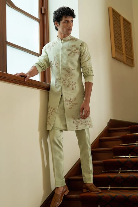 Contrast By Parth Green Jacquard Embroidered Floral Celedon Sleeveless Sherwani Set
