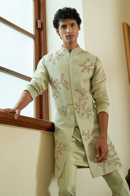 Shop Contrast By Parth Green Jacquard Floral Celedon Sleeveless Sherwani Set at Aza Fashions Shop_Contrast By Parth_Green Jacquard Floral Celedon Sleeveless Sherwani Set _at_Aza_Fashions