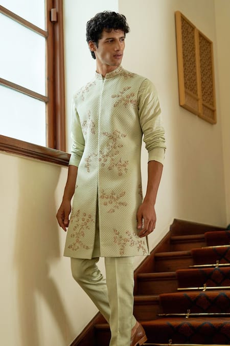 Contrast By Parth Green Jacquard Floral Celedon Sleeveless Sherwani Set Online at Aza Fashions Contrast By Parth_Green Jacquard Floral Celedon Sleeveless Sherwani Set _Online_at_Aza_Fashions