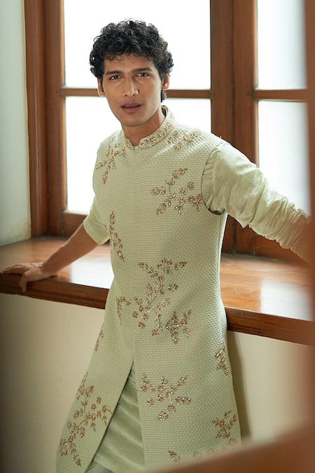 Buy Contrast By Parth Green Jacquard Floral Celedon Sleeveless Sherwani Set Online at Aza Fashions Buy_Contrast By Parth_Green Jacquard Floral Celedon Sleeveless Sherwani Set _Online_at_Aza_Fashions