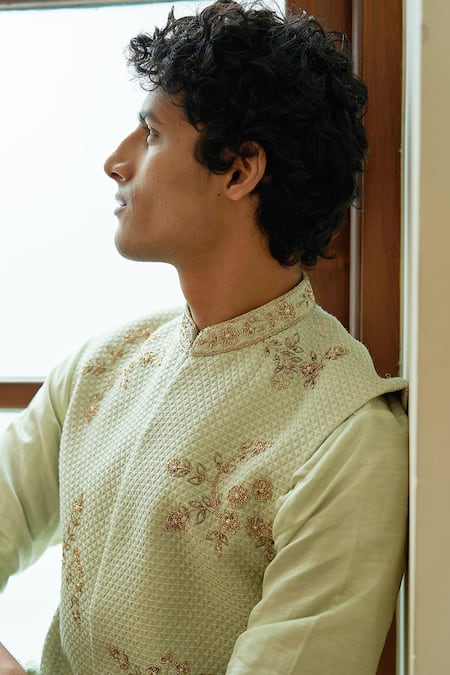 Shop Contrast By Parth Green Jacquard Floral Celedon Sleeveless Sherwani Set Online at Aza Fashions Shop_Contrast By Parth_Green Jacquard Floral Celedon Sleeveless Sherwani Set _Online_at_Aza_Fashions