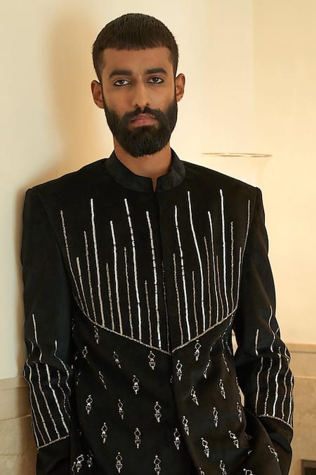 Shop_Contrast By Parth_Black Suede Velvet Geometric Gunpowder Bandhgala Set_Online_at_Aza_Fashions