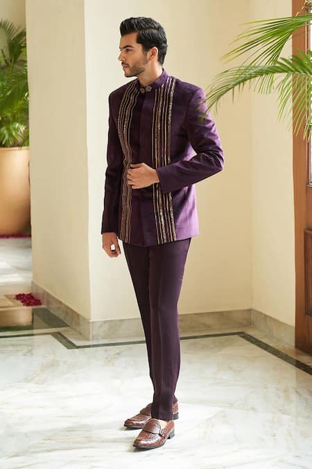 Shop Contrast By Parth Wine Suede Velvet Linear Embellished Bandhgala Set at Aza Fashions Shop_Contrast By Parth_Wine Suede Velvet Linear Embellished Bandhgala Set_at_Aza_Fashions