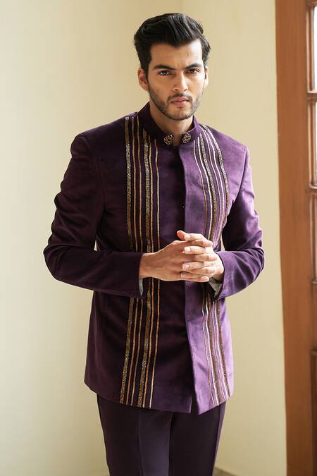 Contrast By Parth Wine Suede Velvet Linear Embellished Bandhgala Set Online at Aza Fashions Contrast By Parth_Wine Suede Velvet Linear Embellished Bandhgala Set_Online_at_Aza_Fashions