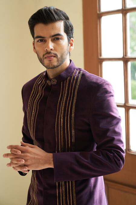 Buy Contrast By Parth Wine Suede Velvet Linear Embellished Bandhgala Set Online at Aza Fashions Buy_Contrast By Parth_Wine Suede Velvet Linear Embellished Bandhgala Set_Online_at_Aza_Fashions