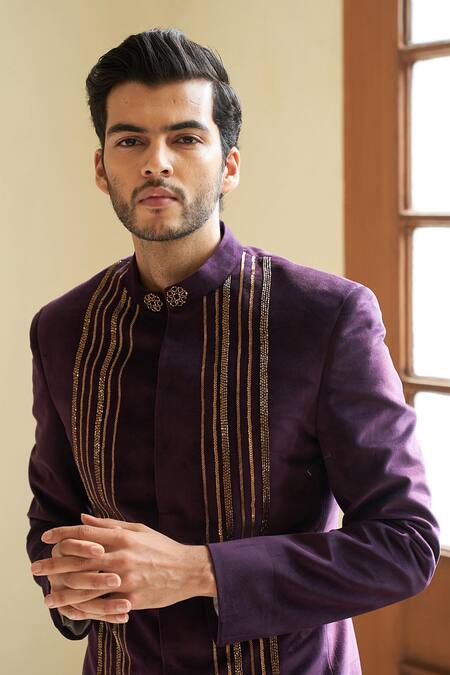 Shop Contrast By Parth Wine Suede Velvet Linear Embellished Bandhgala Set Online at Aza Fashions Shop_Contrast By Parth_Wine Suede Velvet Linear Embellished Bandhgala Set_Online_at_Aza_Fashions