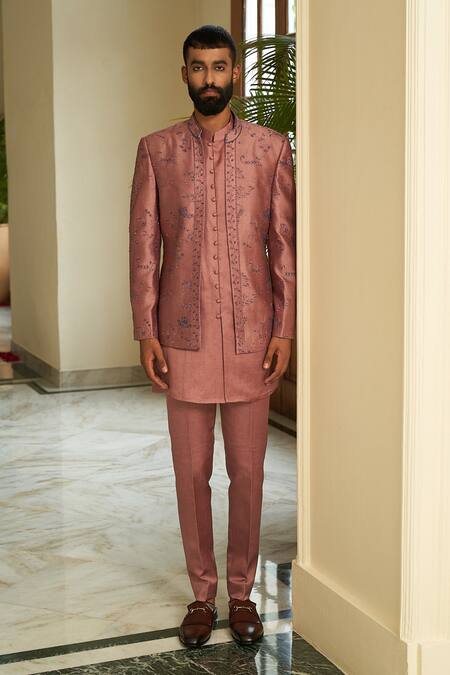 Shop_Contrast By Parth_Pink Pure Silk Floral Embroidered Bandhgala Jacket Set_at_Aza_Fashions