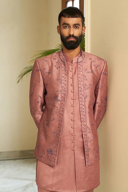 Buy_Contrast By Parth_Pink Pure Silk Floral Embroidered Bandhgala Jacket Set_Online_at_Aza_Fashions