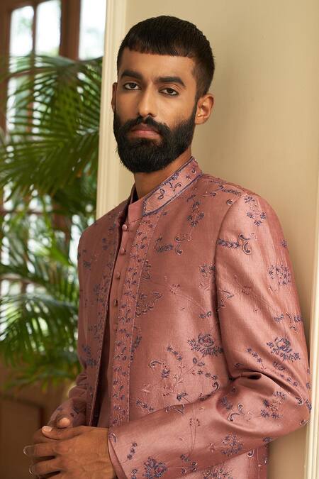 Shop_Contrast By Parth_Pink Pure Silk Floral Embroidered Bandhgala Jacket Set_Online_at_Aza_Fashions