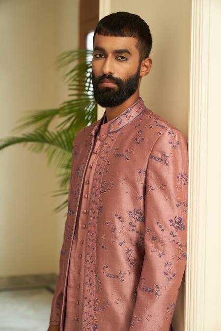 Contrast By Parth_Pink Pure Silk Floral Embroidered Bandhgala Jacket Set_at_Aza_Fashions