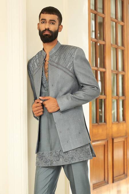 Buy Contrast By Parth Grey Matka Silk Geometric Lava Smoke Bandhgala Jacket Set Online at Aza Fashions Buy_Contrast By Parth_Grey Matka Silk Geometric Lava Smoke Bandhgala Jacket Set _Online_at_Aza_Fashions