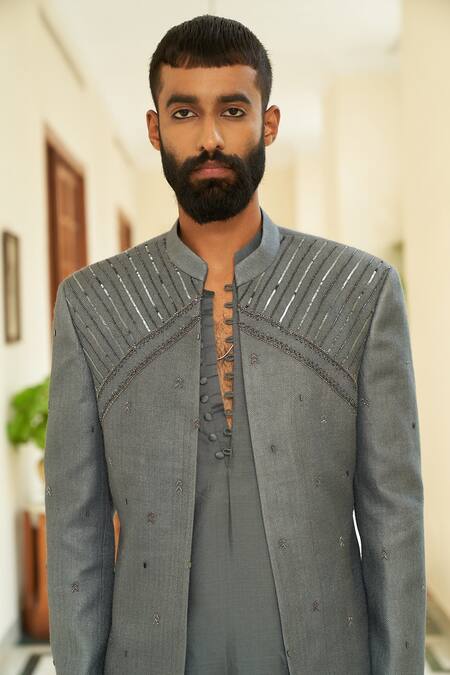 Contrast By Parth Grey Matka Silk Geometric Lava Smoke Bandhgala Jacket Set at Aza Fashions Contrast By Parth_Grey Matka Silk Geometric Lava Smoke Bandhgala Jacket Set _at_Aza_Fashions
