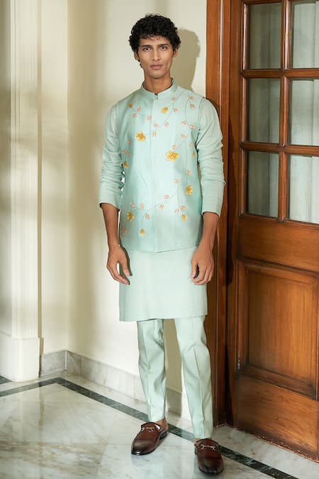 Contrast By Parth Blue Pure Silk Floral Meadow Mist Bundi And Kurta Set 