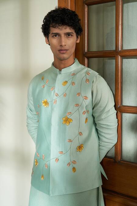 Contrast By Parth Blue Pure Silk Floral Meadow Mist Bundi And Kurta Set Online at Aza Fashions Contrast By Parth_Blue Pure Silk Floral Meadow Mist Bundi And Kurta Set _Online_at_Aza_Fashions