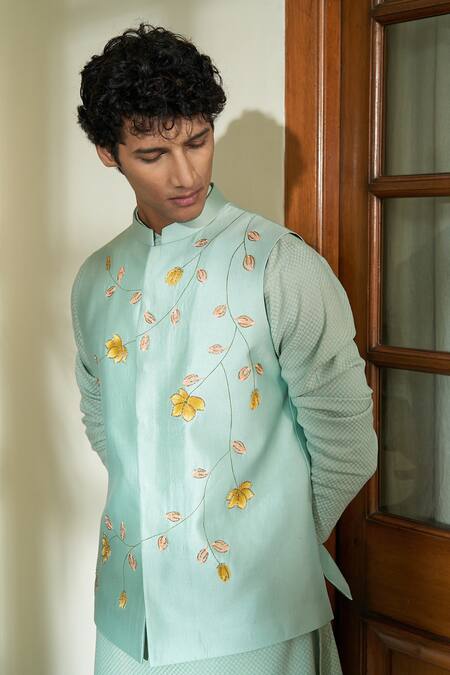 Buy Contrast By Parth Blue Pure Silk Floral Meadow Mist Bundi And Kurta Set Online at Aza Fashions Buy_Contrast By Parth_Blue Pure Silk Floral Meadow Mist Bundi And Kurta Set _Online_at_Aza_Fashions
