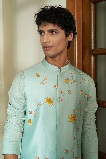 Shop Contrast By Parth Blue Pure Silk Floral Meadow Mist Bundi And Kurta Set Online at Aza Fashions Shop_Contrast By Parth_Blue Pure Silk Floral Meadow Mist Bundi And Kurta Set _Online_at_Aza_Fashions