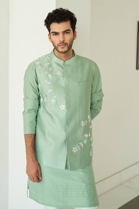Contrast By Parth Green Pure Silk Floral Embroidered Bundi And Kurta Set Online at Aza Fashions Contrast By Parth_Green Pure Silk Floral Embroidered Bundi And Kurta Set _Online_at_Aza_Fashions