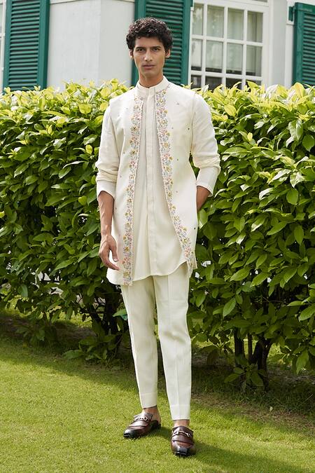 Contrast By Parth White Pure Silk Floral Embroidered Jacket And Kurta Set Online at Aza Fashions Contrast By Parth_White Pure Silk Floral Embroidered Jacket And Kurta Set _Online_at_Aza_Fashions