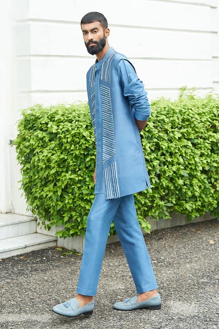 Shop Contrast By Parth Blue Spun Chanderi Silk Linear Embroidered Jacket And Kurta Set at Aza Fashions Shop_Contrast By Parth_Blue Spun Chanderi Silk Linear Embroidered Jacket And Kurta Set _at_Aza_Fashions