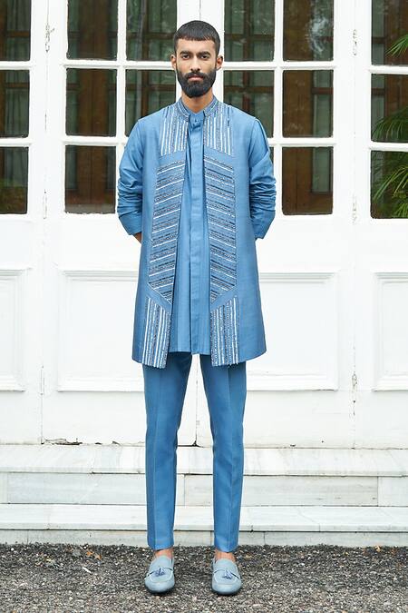Contrast By Parth Blue Spun Chanderi Silk Linear Embroidered Jacket And Kurta Set Online at Aza Fashions Contrast By Parth_Blue Spun Chanderi Silk Linear Embroidered Jacket And Kurta Set _Online_at_Aza_Fashions