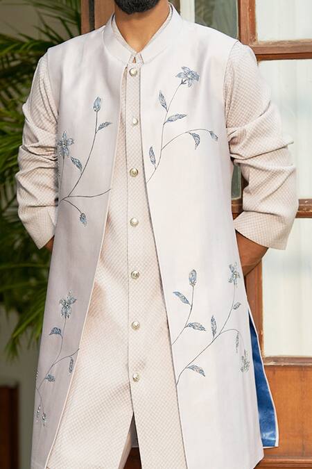Shop Contrast By Parth Grey Pure Silk Floral Embroidered Jacket And Kurta Set Online at Aza Fashions Shop_Contrast By Parth_Grey Pure Silk Floral Embroidered Jacket And Kurta Set _Online_at_Aza_Fashions