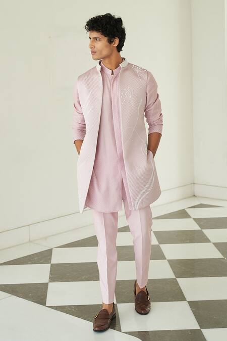 Contrast By Parth Grey Quilted Silk Floral Jacket And Kurta Set