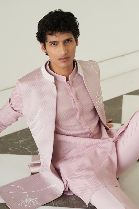 Contrast By Parth Grey Quilted Silk Floral Jacket And Kurta Set Online at Aza Fashions Contrast By Parth_Grey Quilted Silk Floral Jacket And Kurta Set_Online_at_Aza_Fashions