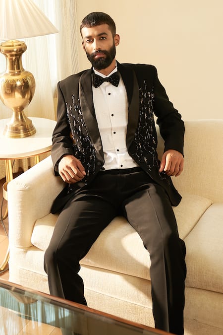 Contrast By Parth Black Italian Suiting Cutdana, Bead Embroidered Tuxedo Pant Set Online at Aza Fashions Contrast By Parth_Black Italian Suiting Cutdana, Bead Embroidered Tuxedo Pant Set _Online_at_Aza_Fashions