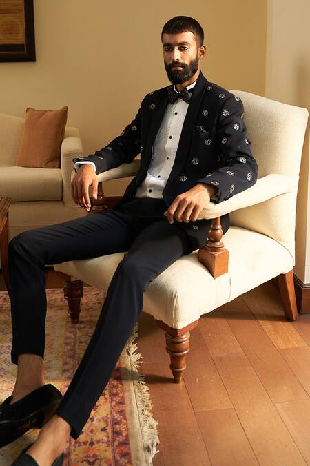 Contrast By Parth Black Italian Suiting Floral Monogram Embroidered Tuxedo Pant Set Online at Aza Fashions Contrast By Parth_Black Italian Suiting Floral Monogram Embroidered Tuxedo Pant Set _Online_at_Aza_Fashions