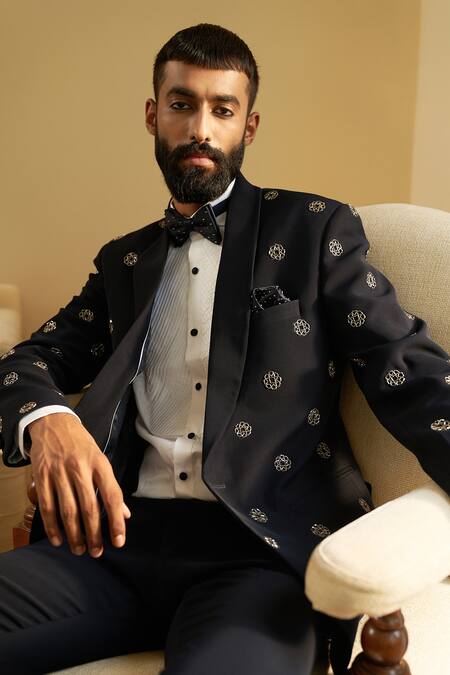 Buy Contrast By Parth Black Italian Suiting Floral Monogram Embroidered Tuxedo Pant Set Online at Aza Fashions Buy_Contrast By Parth_Black Italian Suiting Floral Monogram Embroidered Tuxedo Pant Set _Online_at_Aza_Fashions
