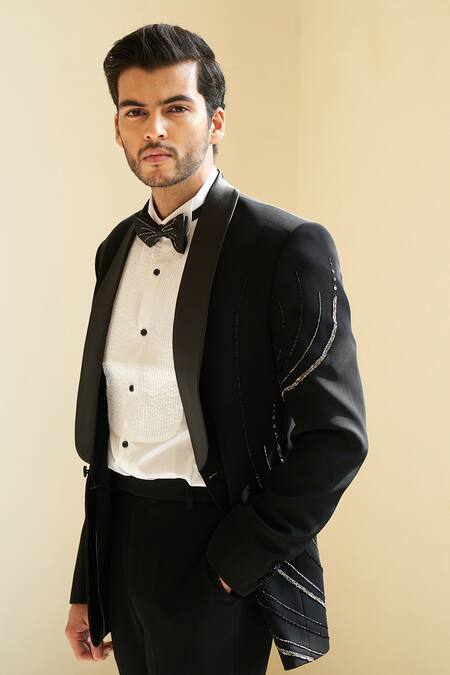 Buy_Contrast By Parth_Black Italian Suiting Linear Embroidered Tuxedo Pant Set _Online_at_Aza_Fashions
